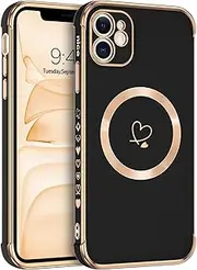 GUAGUA for iPhone 11 Case,[Compatiable with Magsafe] Cute Heart Pattern Lovely, Soft TPU Gold Plating Cover Women Girl Drop Protection & 4 Corners Shockproof Stylish Phone Case with Magnetic, Black