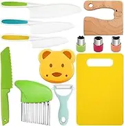 12 Pcs Kids Knife Set,Wooden Kids Kitchen Knife,Kids Knives for Real Cooking,Plastic Kids Knife with Cutting Board,Serrated Edges Toddler Knife,Potato Slicer,Y Peeler,DIY Mold