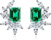 [Generic] Dainty Flower Princess Cut Emerald Leaf Stud Earrings for Women Girls Fashion Diamond Piercing Studs Post Pin Hypoallergenic Jewelry Her Wife Birthday Xmas