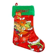 Dr Seuss GRINCH Stocking Christmas PLUSH Embroidered Fur Trim Red Green 20in NEW