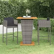 3 Piece Rattan Garden Bar Set with Cushions, Steel Frame, Acacia Table Top, Ideal for Outdoor Patio, Small Balcony, Porch - Grey