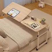 Overbed Table with Wheels, Adjustable Length and Height Bed Desk Over, Rolling Overbed Laptop Trolley Desk, for Home, Office, and Hospital Use(Natural)