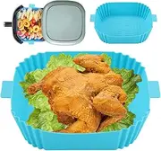 1/2Pcs Air Fryer Silicone Pot with Handle Heat Resistant Air Fryer Reusable Air Fryer Liner Silicone Pot Square Liners Tray with 2 Brushes Vegetables Chicken Beef Baskets for Air Fryer Oven Microwave (2Pc Blue Thick)