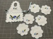 Beautiful Linen Blue Floral Embroidered Coasters - Set Of 6 w/ Linen Holder New