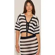 Monochrome Stripe Crochet Knit Tie Front Top, Monochrome