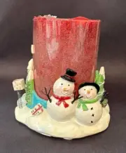 St. Nicholas Square Cheers Snowman Pillar Candle Holder Cinnamon Sticks Candle