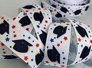 Grosgrain Printed Ribbon - Black Graduation Cap Print with Red and Blue Stars - 7/8 Inches Wide, 10 Yards - Great for Graduation Decorating and Gift Wrapping! Polyester Ribbon.