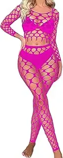 [Aucute] Women's Fishnet Bodystocking Lingerie Long Sleeve Mesh Top and Tights Set Sexy Club Outfits One Size