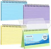 Tecmisse 200PCS Spiral Index Cards Ruled, 4x6 Inches Colorful Flash Cards with Waterproof Covers Note Cards 4 Colors for Memory Learning To Do List School Office