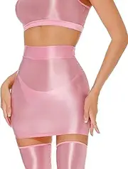[AUBIG] Oil Glossy Mini Skirt for Women Sexy Shiny Bodycon Tight Pencil Dress Clubwear Party Hot Skirt