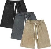 [Flygo] Men's 3 Pack Athletic Sweat Shorts Acid Washed Cotton Elastic Waist Drawstring Gym Workout Jogger Pants with Pockets