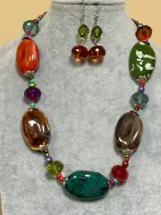 Multi Color Ceramic Bead Facted Lucite Bead necklace earring Set