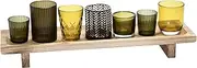 [Creative Co-Op] Paulownia Wood Footed Tray with 7 Glass and Metal Votive Holders, Multicolor, Set of 8 Candleholders, 20" L x 6" W x 6" H, Green