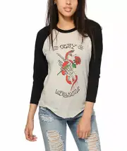 Obey ORIGINAL SIN RAGLAN Cream Black 3/4 Sleeve Graphic Print Junior's Shirt