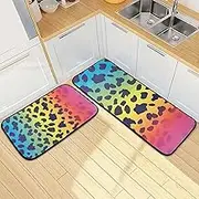 Kitchen Mats for Floor, 2 Piece, Colors Leopard Print Funny Cute Washable Non-Slip Kitchen Rugs Set for Home & Office, Sink, Laundry, 19.7” x 27.6” + 19.7” + 47.2”