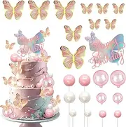 23 Pack Butterfly Cake Toppers Golden Pink Ball Boho Happy Birthday Cake Picks Butterfly Women Wedding Baby Shower Boho Cupcake Decorations Party Supplies Pink