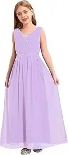 [YiZYiF] Girls A-line Maxi Dress Junior Bridesmaid Beaded Flower Girl Chiffon Long Dresses Wedding Party Pageant Gown