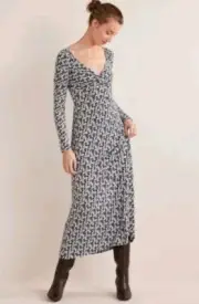 BODEN Sweetheart Jersey Midi Dress Black Swirl Sprig Cotton Tencel NWT Sz Large