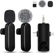 Ominoral Mini Microphone for iPhone Android Camera iPad USB-C, 4 in 1 Professional Wireless Lavalier Lapel Microphone for Recording, Live Stream, YouTube, Facebook, TikTok, Vlog (2 Pcs)