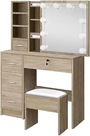 ALFORDSON Dressing Table Stool Set Makeup Vanity Table with Sliding Mirror & 10 Adjustable LED Light Bulbs, Vanity Desk Dresser Organiser with Storage Drawers Shelves for Bedroom Dressing Room (Oak)
