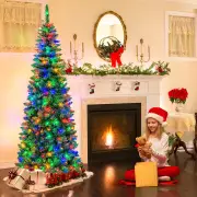 Costway1.98 M Artificial Pencil Christmas Tree with LED Lights for Home & Shop