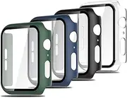 [Simpeak] 4-Pack Hard PC Case with Screen Protector Compatible with Apple Watch Series 6 Series 5 Series 4 (40mm), Built-in HD Tempered Glass Film Face Cover, Green+Navy+Black+Clear (40mm)