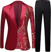 [Zylphorix] Mens Sequin Shiny One Button Suit Jacket Pants Party Prom Sets 2 Pieces Shiny Leisure Blazer Suits