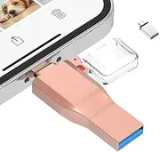 Chasisna 128GB 3-in-1 USB Stick for iPhone Memory Stick with USB, iOS and Type-C Port for Transferring Photos and Videos, Compatible with iPhone i-Pad, PC (Pink)