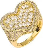 [Wisbal] Vertical Row T Square Crystal Zircon Rectangular Cluster Heart Ring 18k Gold Plated Hip Hop Men Women Heart Ring