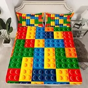 Feelyou Gaming Fitted Sheet Full Size Kids Building Blocks Bedding Set for Boys Teens Toddler Toy Brick Bed Sheet Set Breathable Colorful Bed Cover Room Decor