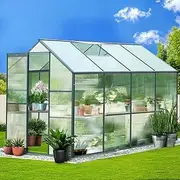 Green Fingers Mini Greenhouse, 252x190x184cm Walk-in Polycarbonate Garden Shed Green House with Aluminium Frame, Lockable Door, Gutter System and UV-Resistant Panels for Gardening Supplies Storage