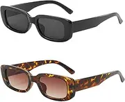 [KABB] 2 PCS Rectangle Sunglasses for Women Retro Driving Glasses 90’s Vintage Fashion Narrow Square Frame UV400 Protection Black & Tortoise