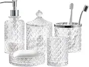 Set of 5 Glass Bathroom Accessories Set Include Soap Dispenser & Tumbler & Soap Dish & Toothbrush Holder & Apothecary Jar(Luxurious Crystal Sparkling Colored)