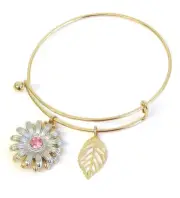 Tropical Theme Flower Leaf Dangle Charm and Wire Bangle Bracelet