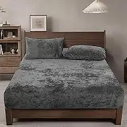 PHF Truly Velvet Fitted Sheet Queen Size, 1 Pack Luxury Super Soft Cozy Comfy Fleece Bottom with 15" Deep Pocket,Suitable for Fall Winter and Spring, No Pillowcases, Charcoal/Dark Grey