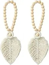 Boho Woven Curtain Tiebacks - 2 Pcs Wood Bead Holders, Decorative Rope Ties for Curtains