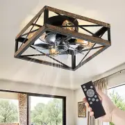 Caged Flush Mount Ceiling Fans with Lights and Remote, Rustic Square Low Profile
