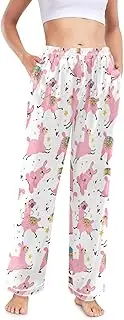 [GAIGEO] Silk Nightwear Pants Cute Pink Llama White, Soft and Lightweight Satin Pajama Pant for Daily Wear, S
