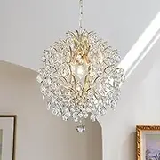 BESTIER Gold Modern Pendant Chandelier Crystal Raindrop Hanging Light Ceiling Light Fixture Lamp for Dining Room Bathroom Bedroom Livingroom 3 E14 Bulbs Required Diameter 40 cm Height 45 cm