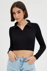 Black Collar Top Long sleeve Seamless - Size S, Women's T-shirt