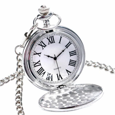 Smooth Silver Quartz Pocket Watch Fob Chain Roman Numerals Dial for Men Women