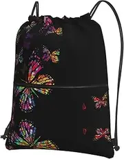 EdWal Colorful Butterfly Print Drawstring Backpack Gym Bags Sports Bags With Zipper Pocket For Travel Beach, Black, One Size