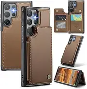 XIMAND for Samsung Galaxy S25 Ultra Wallet Case with RFID Blocking and 5 Credit Card Holder, Premium Durable Slim Leather Magnetic Clasp Kickstand Heavy Duty Shockproof Protective Cover.- Brown