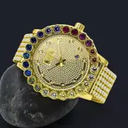 Real Diamond Solitaire Dial Rainbow Multi Gold Tone Men's Custom 55 mm Big Watch