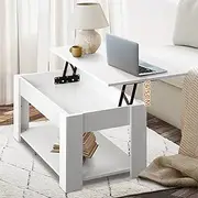 OIKITURE Lift Top Coffee Table with Hidden Compartment & Storage Shelf Space, Rising Tabletop Dining Table for Living Room Reception Room, White