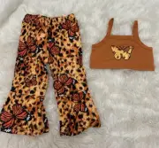 brown butterfly crop top flare pants set 12-18m