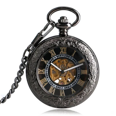 Vintage Automatic Mechanical Skeleton Pocket Watch Roman Number Dial FOB Chain