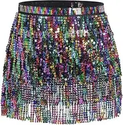 [Yienning] Women Boho Beach Sequin Tassel Mini Skirts Music Festival Party Club Rave Fringe Hip Scarf Belt Wrap Skirt