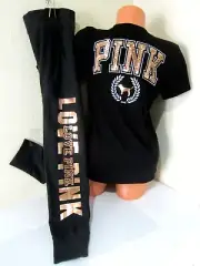 Victoria Secret Pink ROSE GOLD SEQUIN LOGO V NECK TEE T SHIRT SKINNY PANT SET M