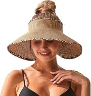 [Ymoshoe] Leopard Roll Up Sun Visors Straw Hat Wide Brim Foldable Summer Beach Hats